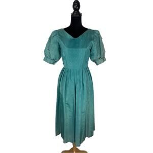 Vintage 90's Green Poufy Sleeve Midi Prom Dress Made in USA - Women's Size 7/8